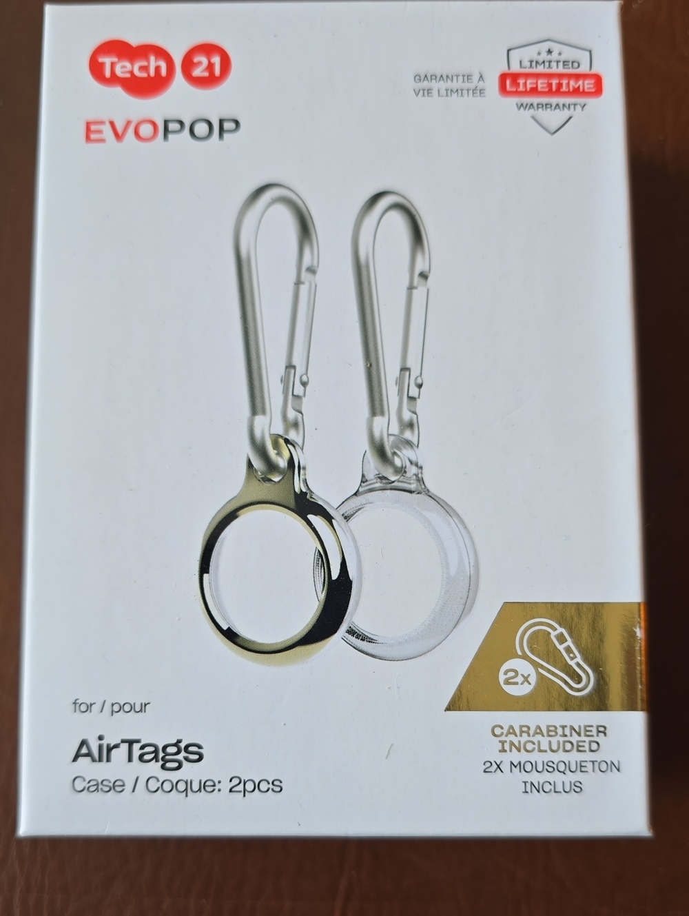 tech21 EVOPOP AirTag Cases with Carabiners - Gold & Clear (2-Pack)